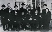 Group photo of the Avanti! editorial staff, 1921. Scalarini is the last one standing on the right, in front of him is Giuseppe Romita, in the middle the third one sitting from the left is Pietro Nenni.